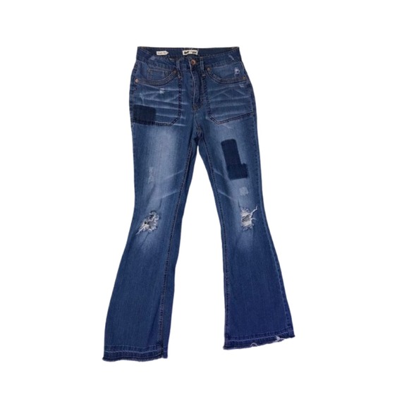Dollhouse Flare Leg Patchwork Distressed Jeans Juniors Denim Pants Size‎ 9 - Picture 1 of 3